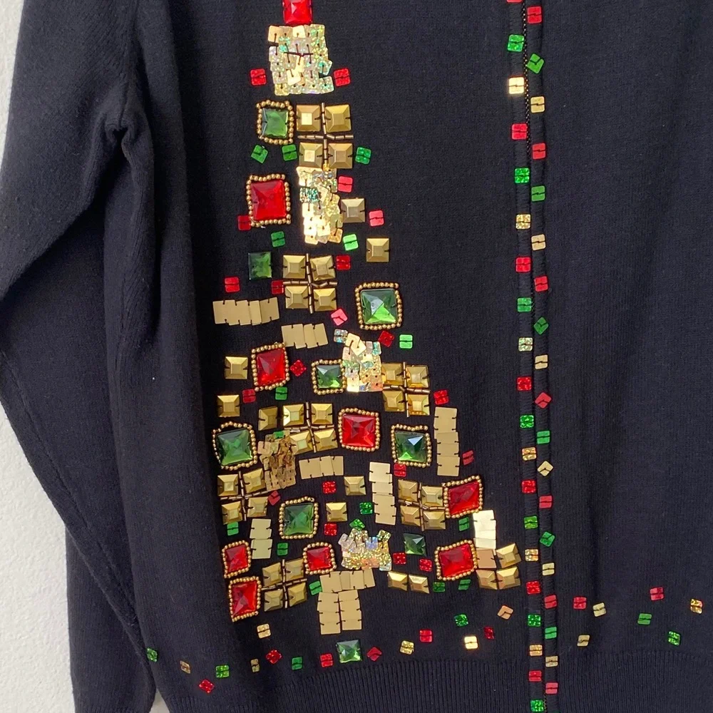 Festive Black Cardigan with Gold and Red Accents - Picture 5 of 8